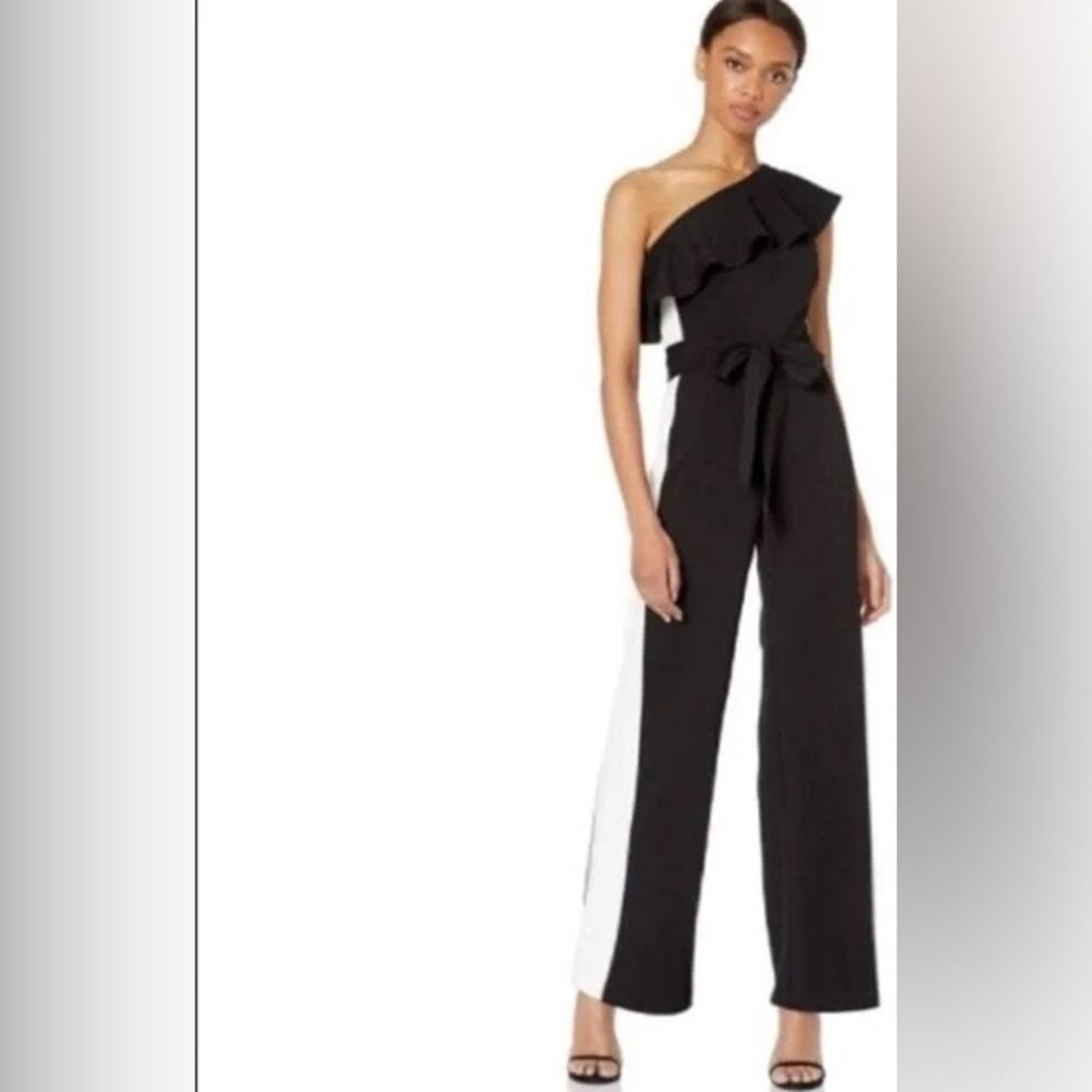 NWT Adrianna Papell One Shoulder Crepe Jumpsuit Black Ivory Stripe Size 4 - Picture 3 of 9